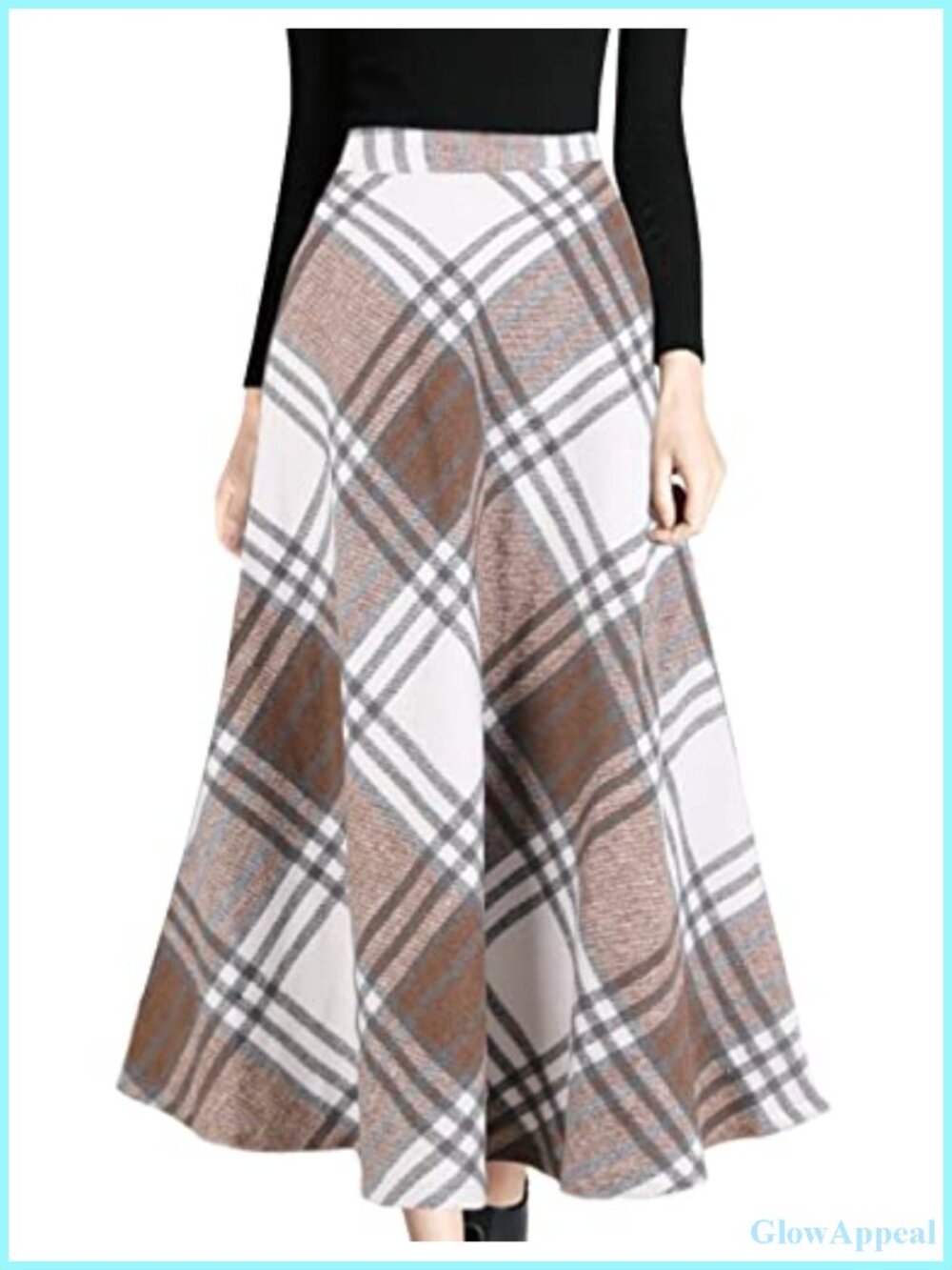 Wool Blend Plaid A-Line Midi Skirt High Waist Pleated Long Skirt
